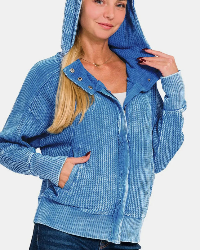 Zenana Washed Zip Up Hooded Jacket Ocean Blue