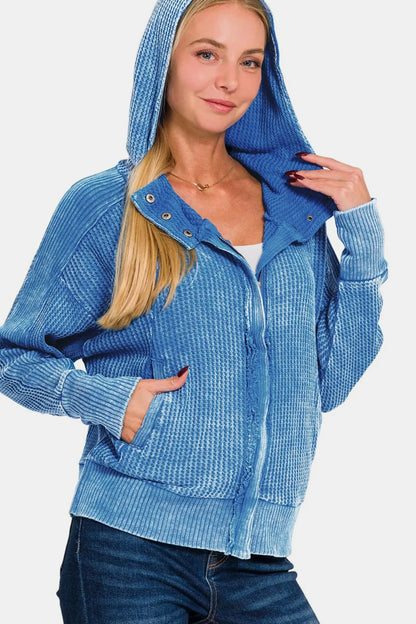 Zenana Washed Zip Up Hooded Jacket Ocean Blue