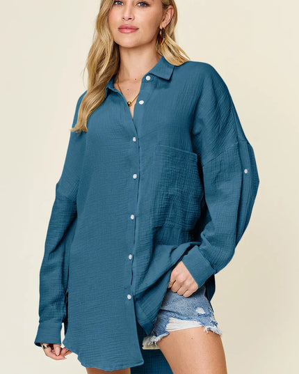 Double Take Full Size Pocketed Texture Button Up Shirt