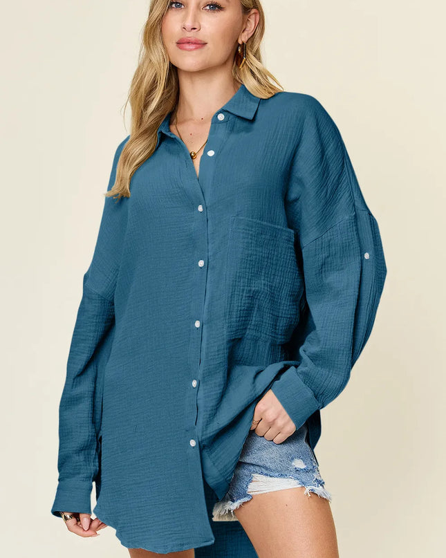Double Take Full Size Pocketed Texture Button Up Shirt