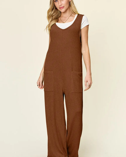 Double Take Full Size Texture Sleeveless Wide Leg Jumpsuit Caramel