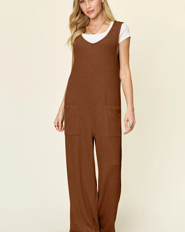 Double Take Full Size Texture Sleeveless Wide Leg Jumpsuit Caramel