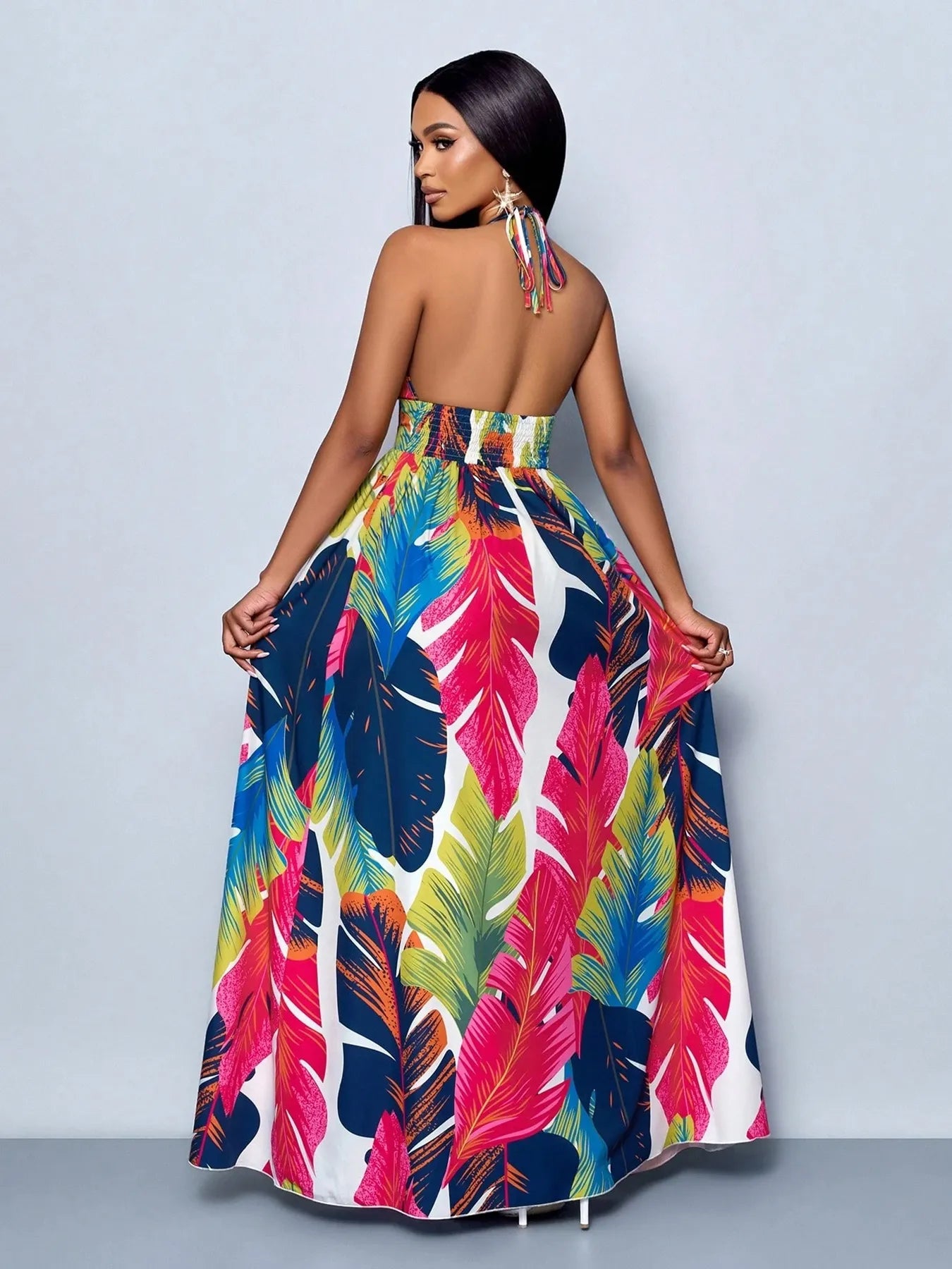 Tropical Feather Print Halter Maxi Dress