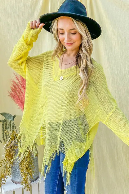 And The Why Distressed Mesh V Neck Spring Sweater Cover Up
