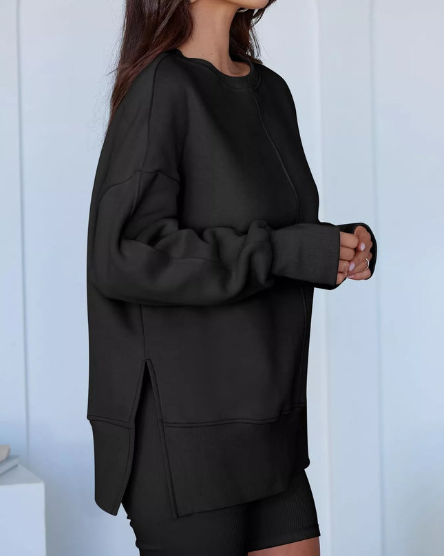 Side Slit Round Neck Long Sleeve Sweatshirt