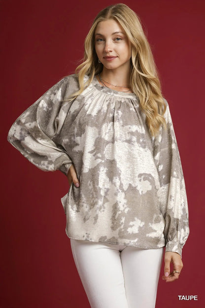 Umgee Full Size Metallic Fabric Blouse with Balloon Sleeves Plus Size TAUPE