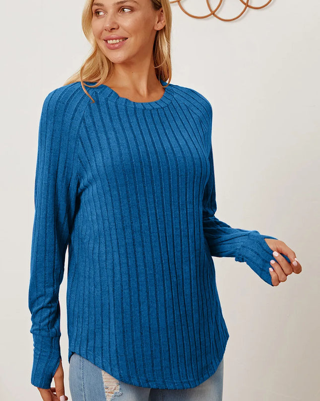 Basic Bae Full Size Ribbed Thumbhole Sleeve T-Shirt Sky Blue
