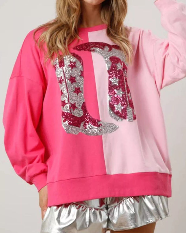 Sequin Boots Color Block Sweatshirt Double Color Matching