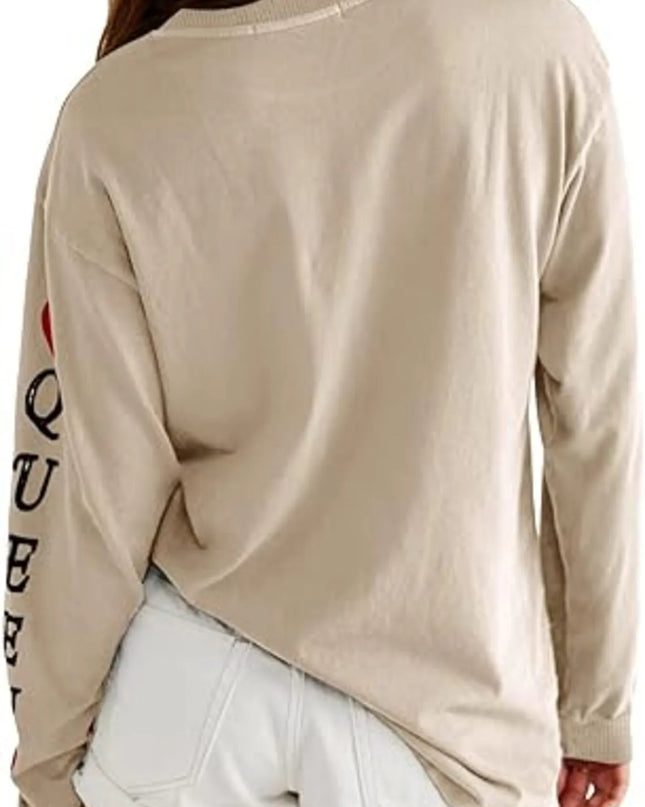 Queen of Hearts Playing Card Graphic Round Neck Sweatshirt