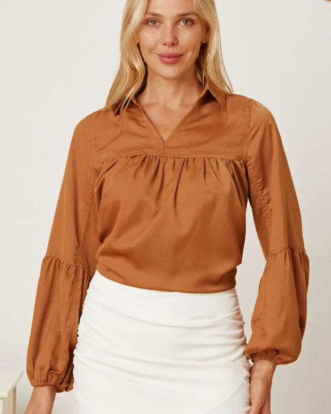 Balloon Sleeve Collared Neck Blouse Khaki