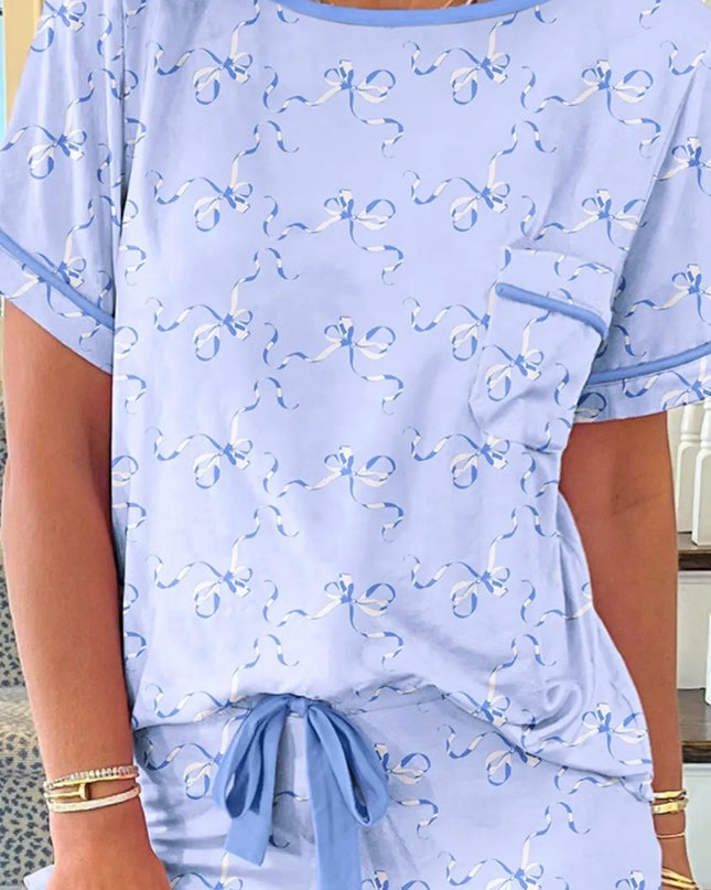 Bow Print Short Sleeve Top and Shorts Pajama Set