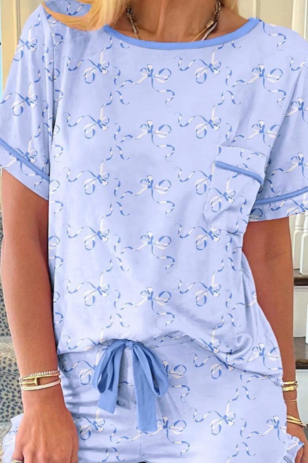Bow Print Short Sleeve Top and Shorts Pajama Set