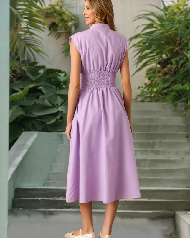 Smocked Zip Front Cap Sleeve Dress