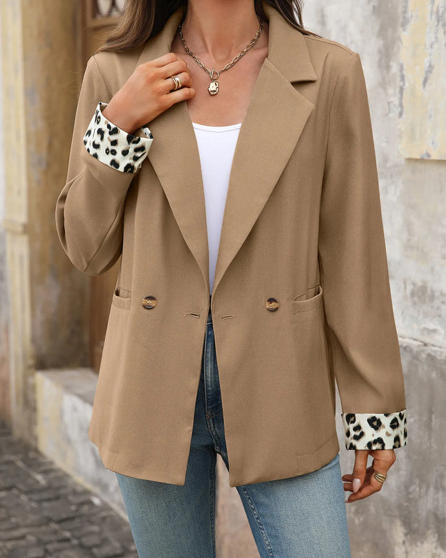 Lapel Collar Leopard Cuff Long Sleeve Blazer Khaki
