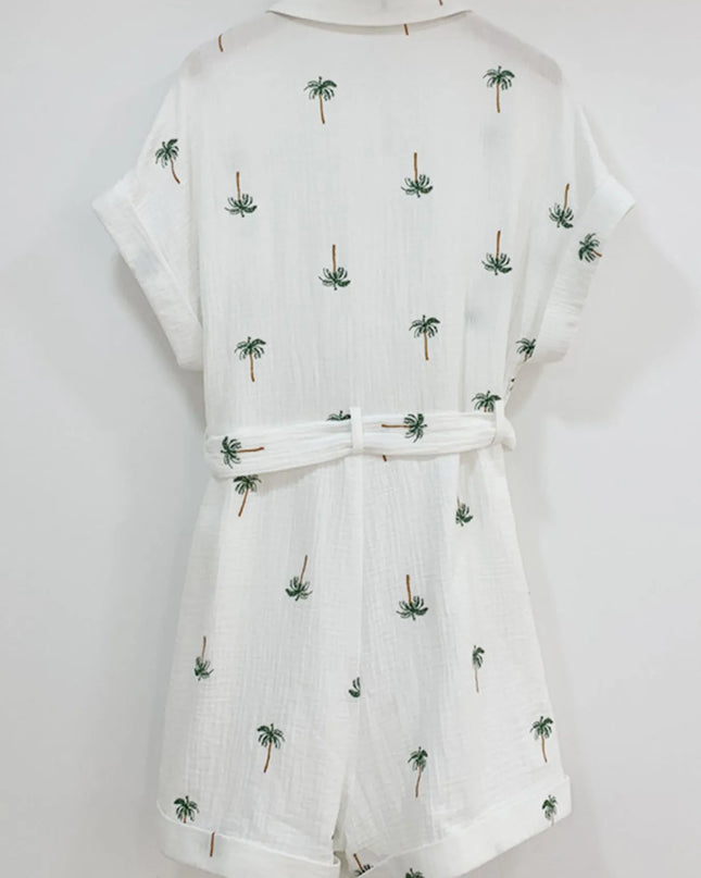 Palm Tree Print Short Sleeve Button-Up Romper with Belt