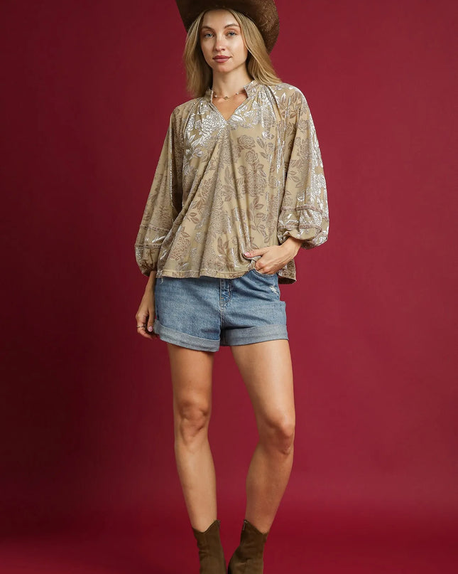 Umgee Floral Velvet Blouse with Balloon Sleeves