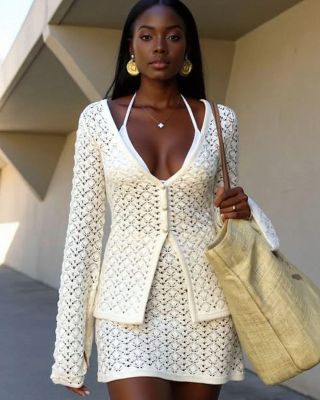 Button Up Crochet Cardigan and Skirt Sweater Set Cream