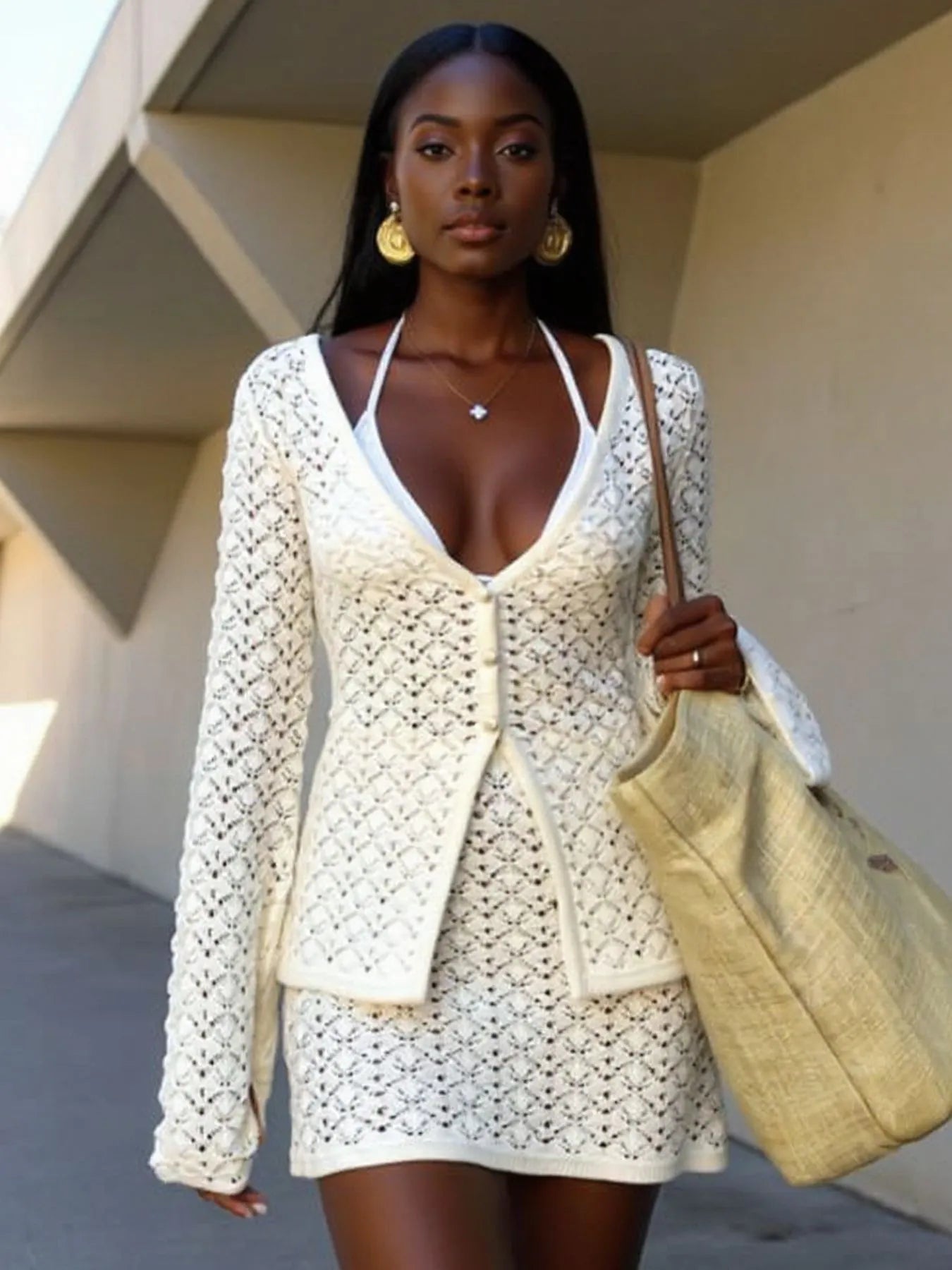 Button Up Crochet Cardigan and Skirt Sweater Set Cream