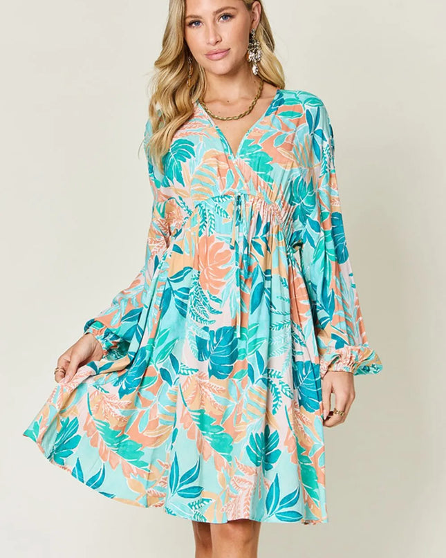 Double Take Full Size Printed V-Neck Drawstring Dress