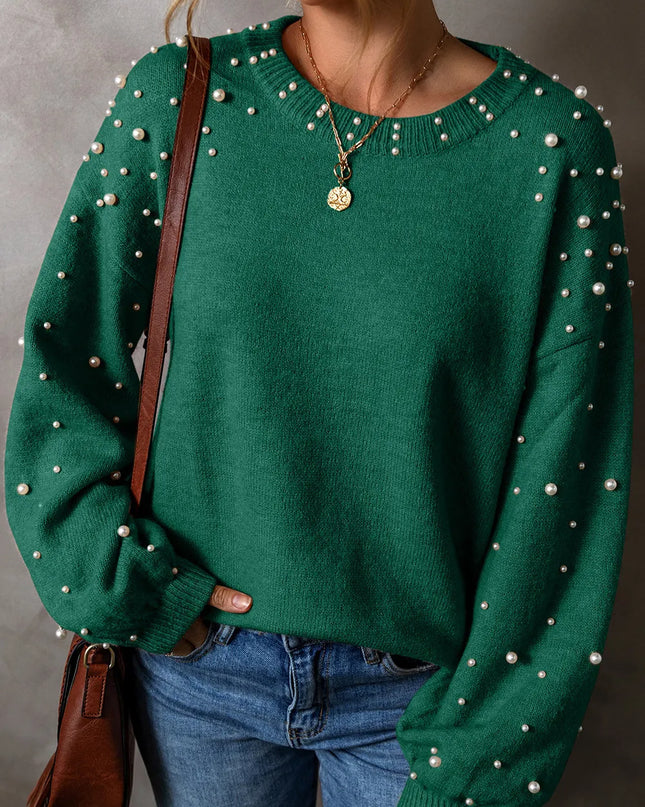 Pearl Detail Round Neck Long Sleeve Sweater