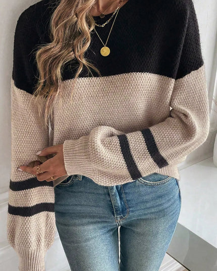 Color Block Knit Striped Sleeve Detail Casual Sweater