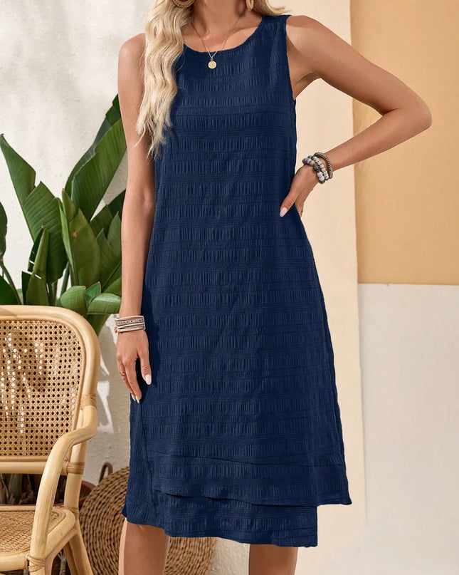 Ruffled Textured Round Neck Sleeveless Dress