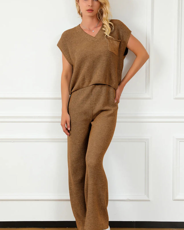 Pocketed V-Neck Top and Wide Leg Sweater Set Caramel