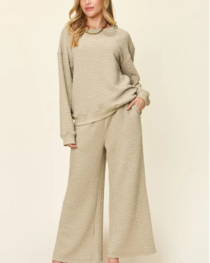 Double Take Full Size Texture Long Sleeve Top and Pants Set