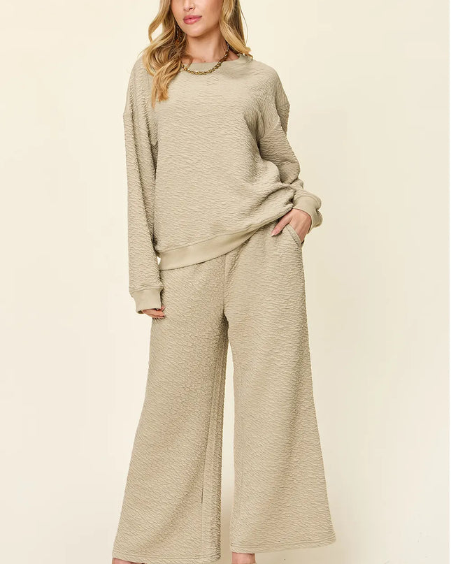 Double Take Full Size Texture Long Sleeve Top and Pants Set