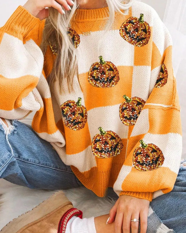 Pumpkin Checkered Round Neck Long Sleeve Sweater Tangerine