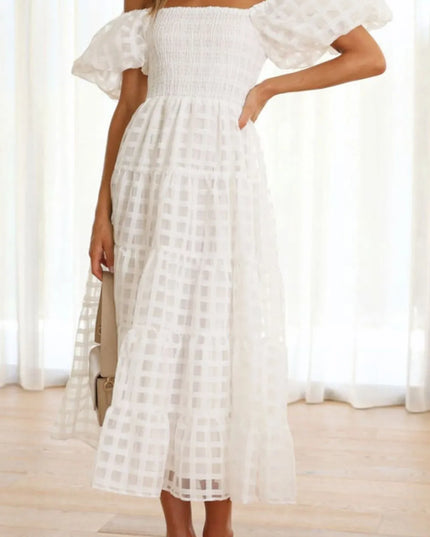 Off Shoulder Short Puff Sleeve Midi Dress