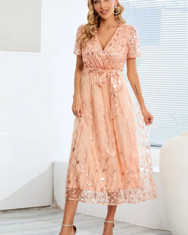 Sequin Leaf Embroidery Tie Front Short Sleeve Dress Tan