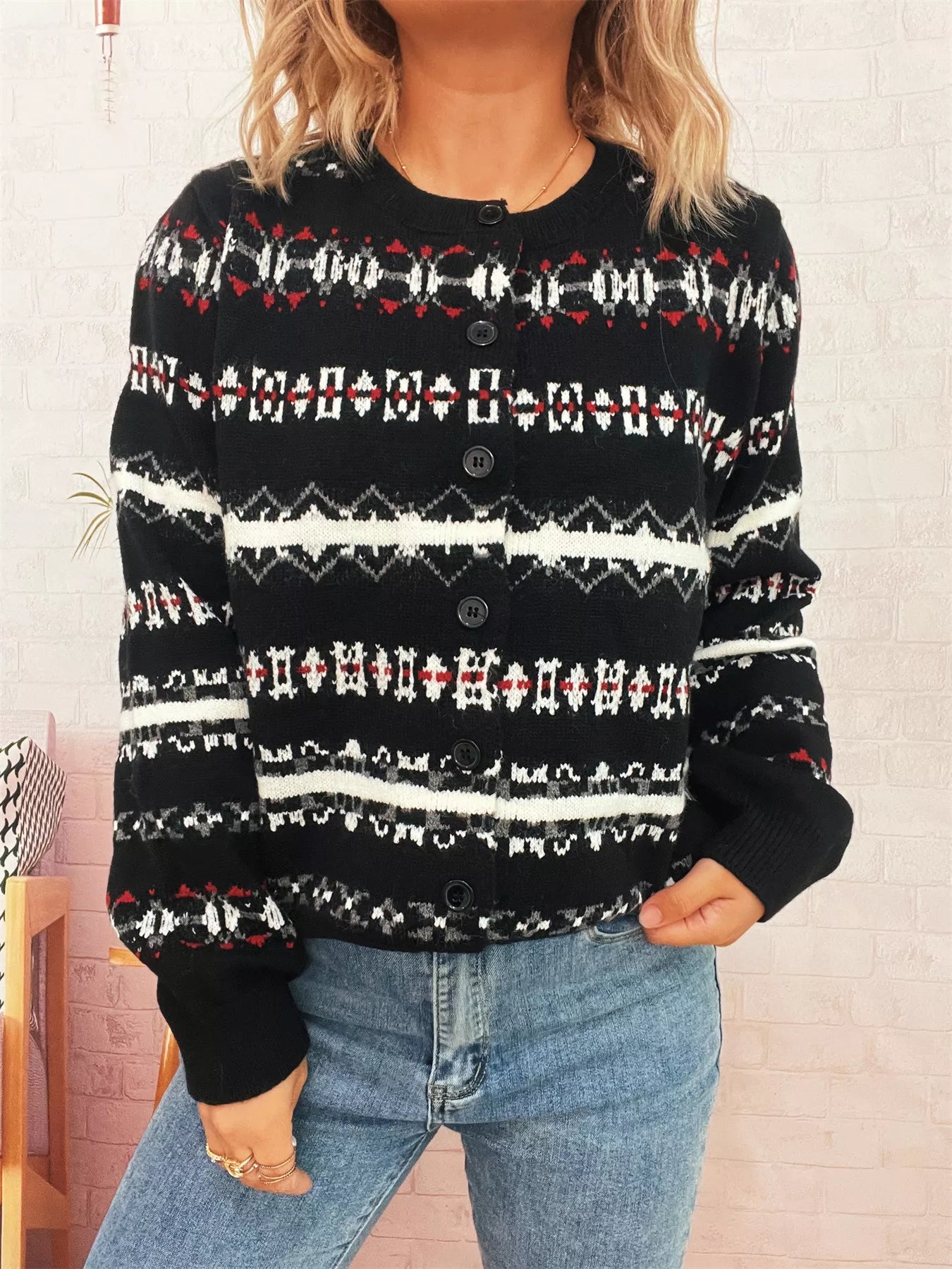 Vintage Pattern Button-Down Cardigan