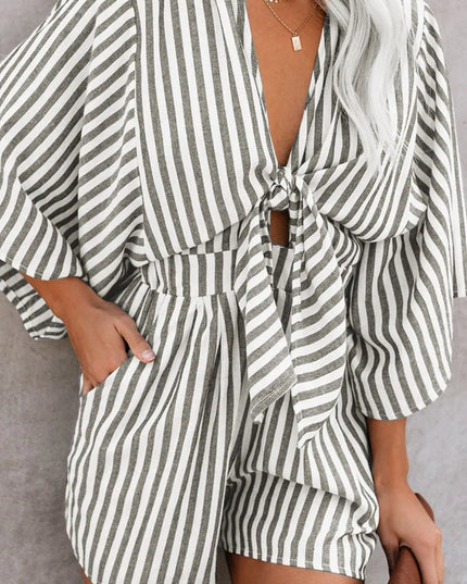 Bow Striped Kimono Sleeve Romper Dark Gray