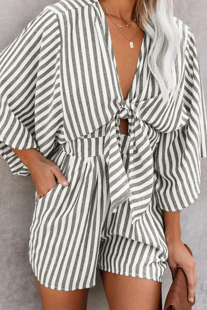 Bow Striped Kimono Sleeve Romper Dark Gray
