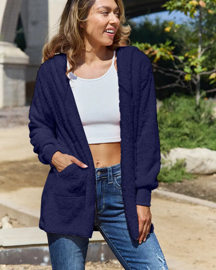 Full Size Teddy Hooded Jacket with Pockets Dark Blue