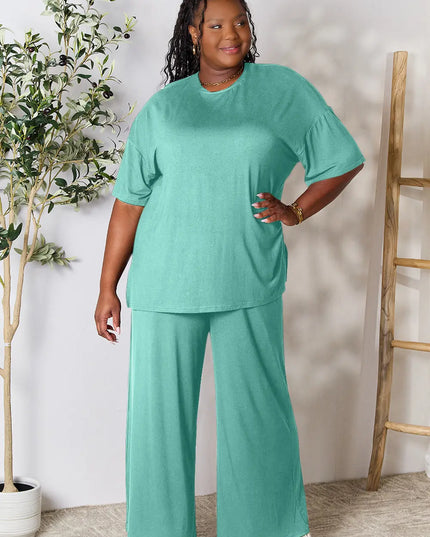 Double Take Full Size Round Neck Slit Top and Pants Set