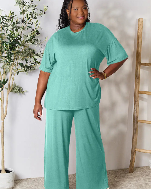 Double Take Full Size Round Neck Slit Top and Pants Set