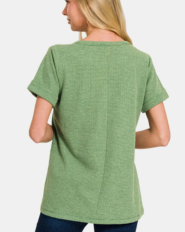 Zenana Waffle Notched Short Sleeve T-Shirt