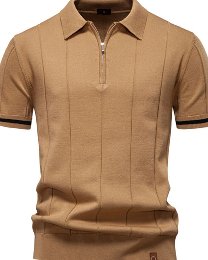 Men's Classic Zip-Neck Knitted Polo Shirt Camel