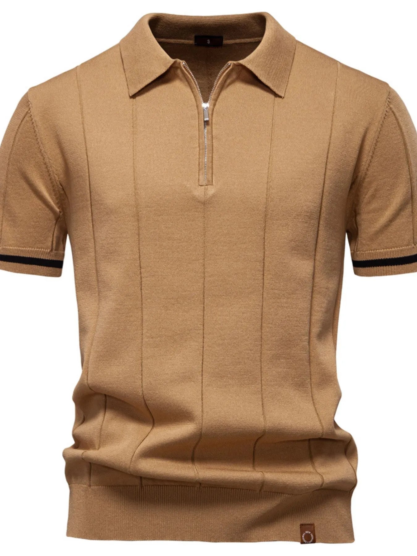 Men's Classic Zip-Neck Knitted Polo Shirt Camel