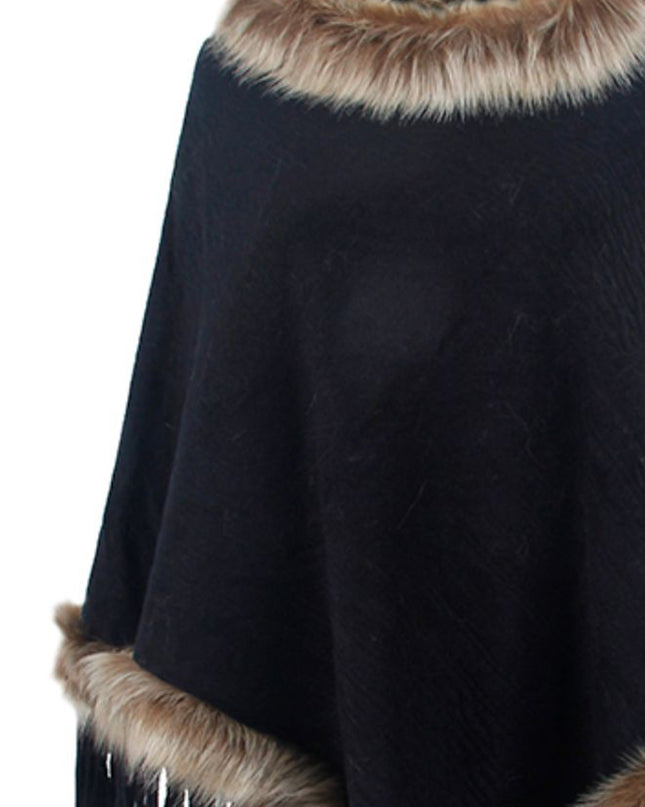 Faux Fur Trim Fringed Poncho
