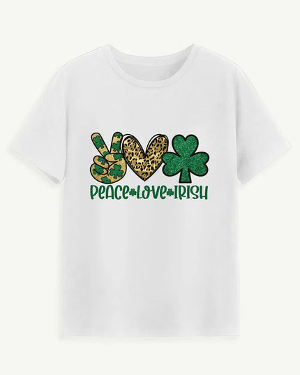 PEACE LOVE IRISH Round Neck Short Sleeve T-Shirt White