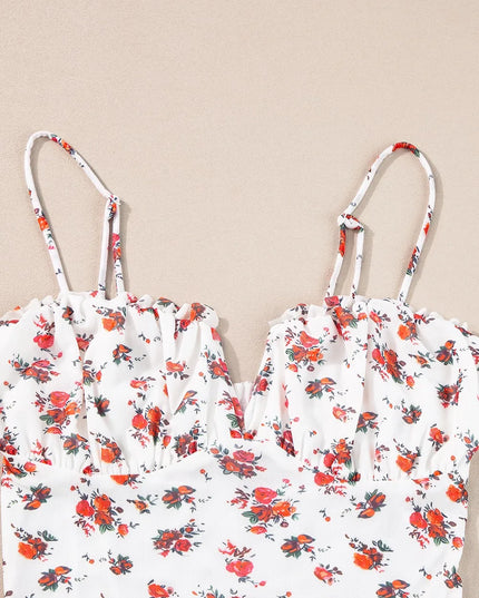 Floral Frilled Trim Spaghetti Straps Bodysuit