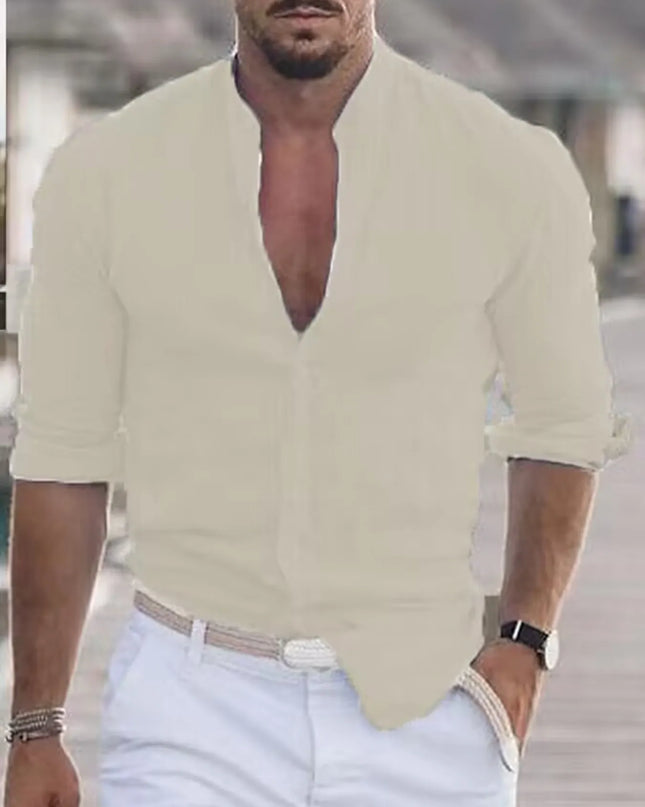 Men's Full Size Stand Collar Button Down Shirt Plus Size Beige