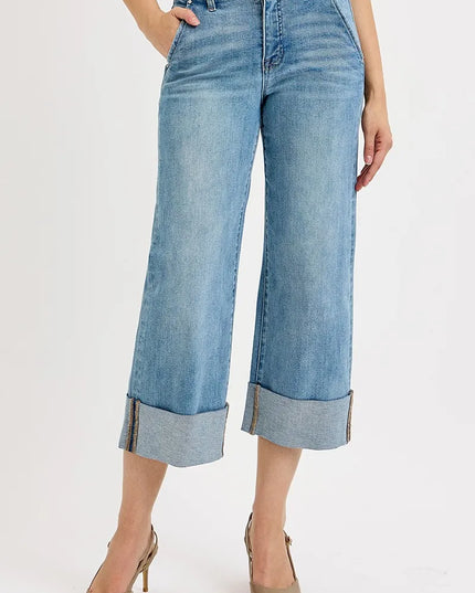 RISEN Full Size Tummy Control High Rise Ankle Wide Cuffed Jeans Plus Size