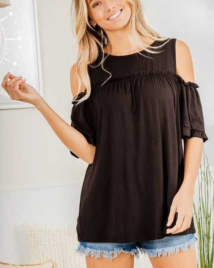 Heimish Full Size Frill Round Neck Cold Shoulder T-Shirt Plus Size