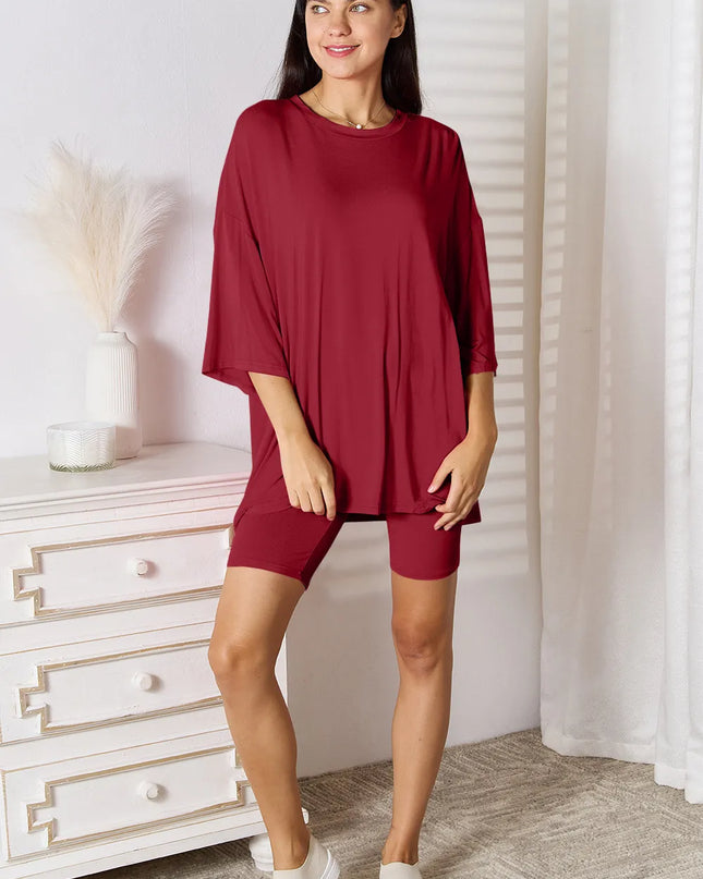 Basic Bae Full Size Soft Rayon Three-Quarter Sleeve Top and Shorts Set Deep Red