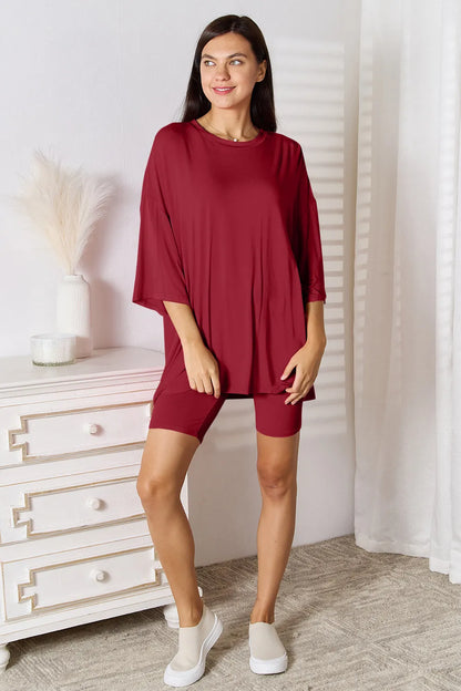 Basic Bae Full Size Soft Rayon Three-Quarter Sleeve Top and Shorts Set Deep Red