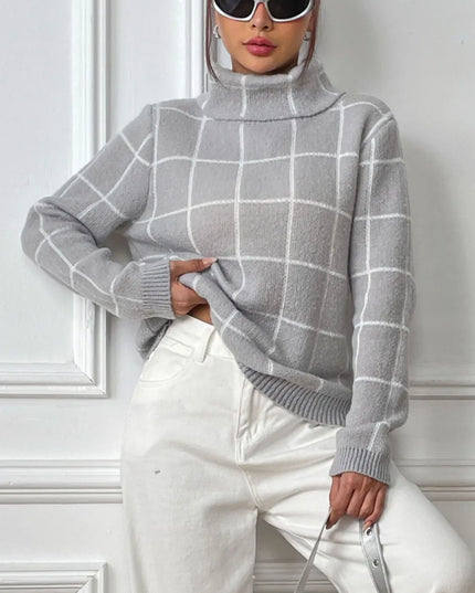 Plaid Turtleneck Long Sleeve Sweater